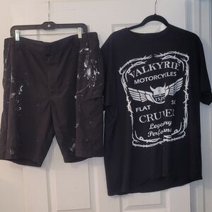 2 Items Black Valkyrie Motorcycles T-Shirt and wangler Shorts Trashed W/paint